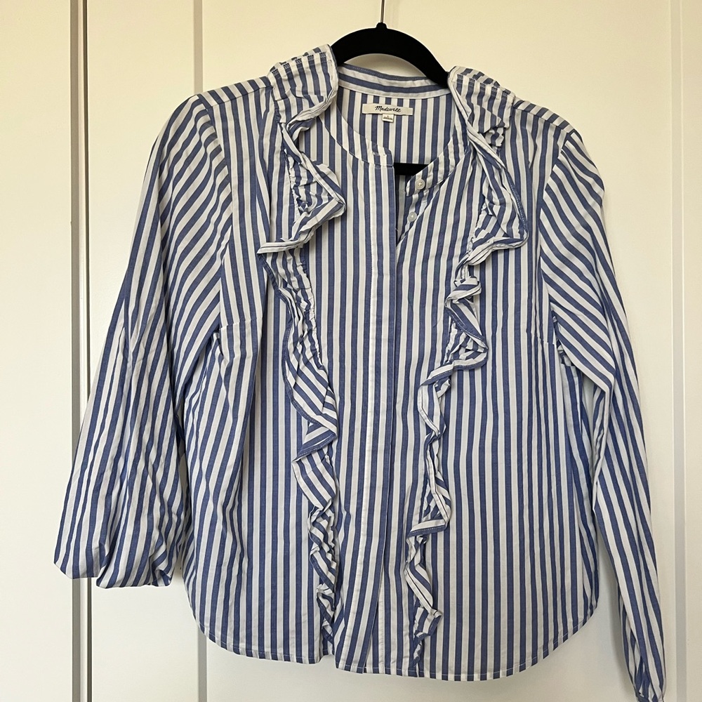 Madewell Whitney blue/white striped ruffle shirt. Size L - Picture 2 of 3